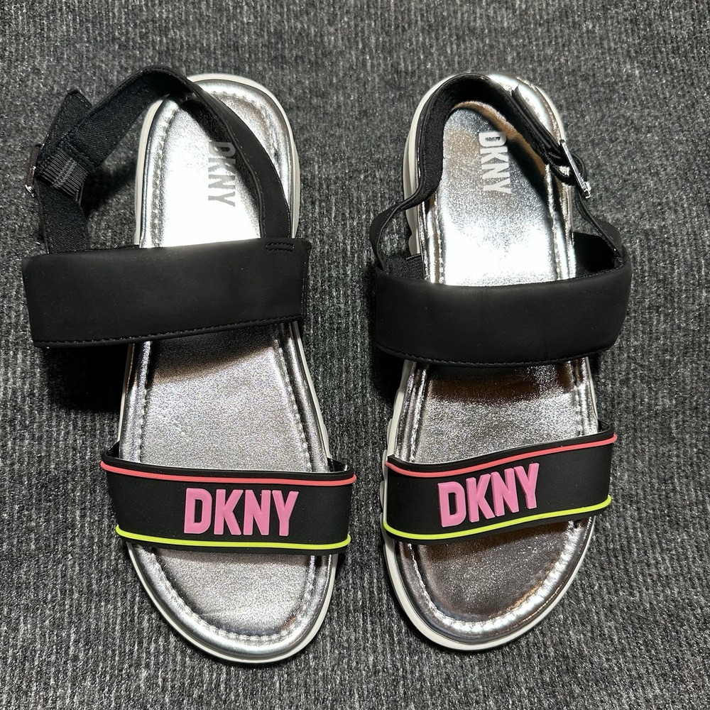 DKNY Josie Logo Sandal Youth Girl's 5 (Fits US Women's 7) Black Pink Neon DKN721
